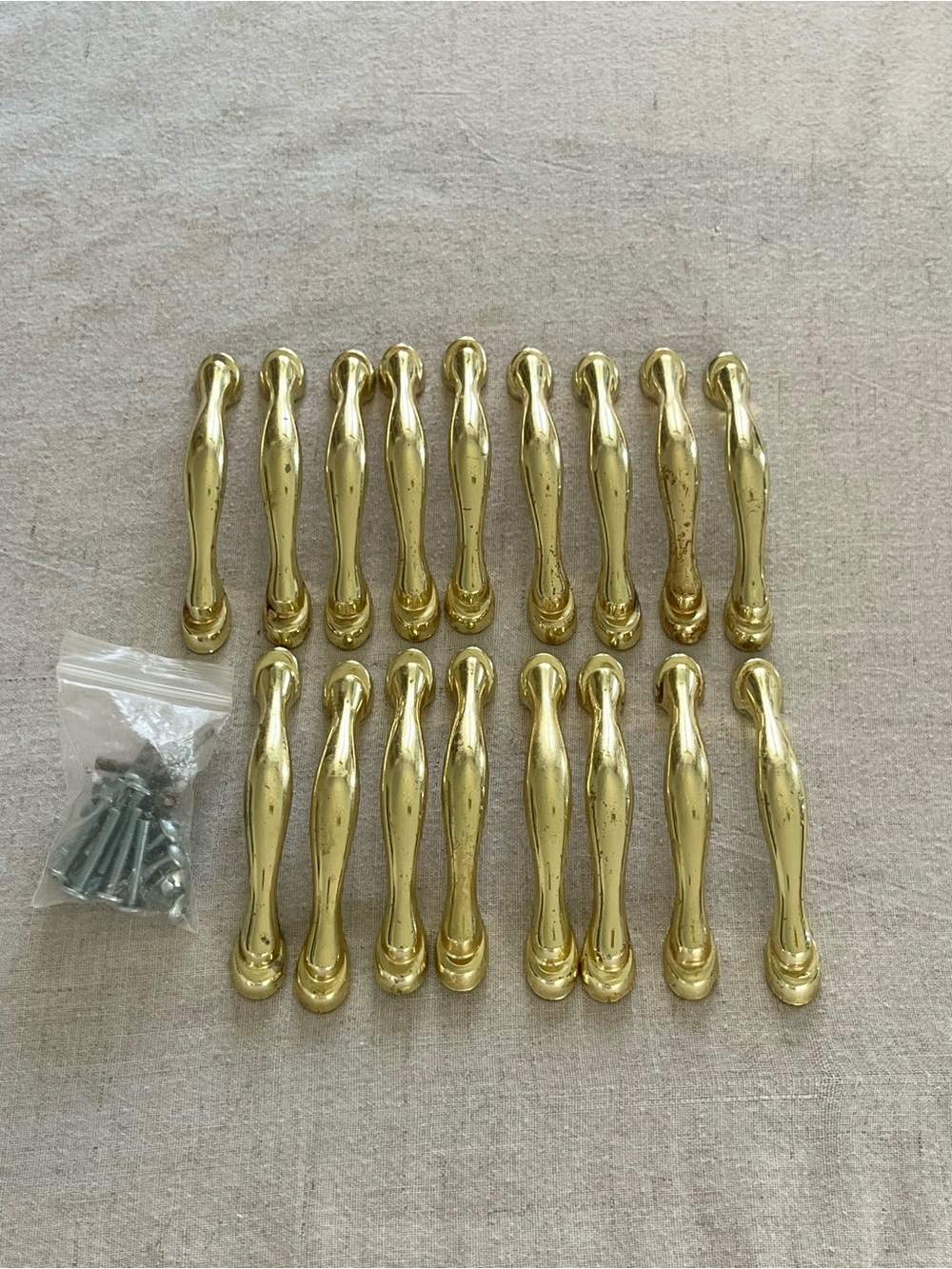 Set of 17 Vintage Polished Brass Cabinet Pulls - 3" Center to Center
